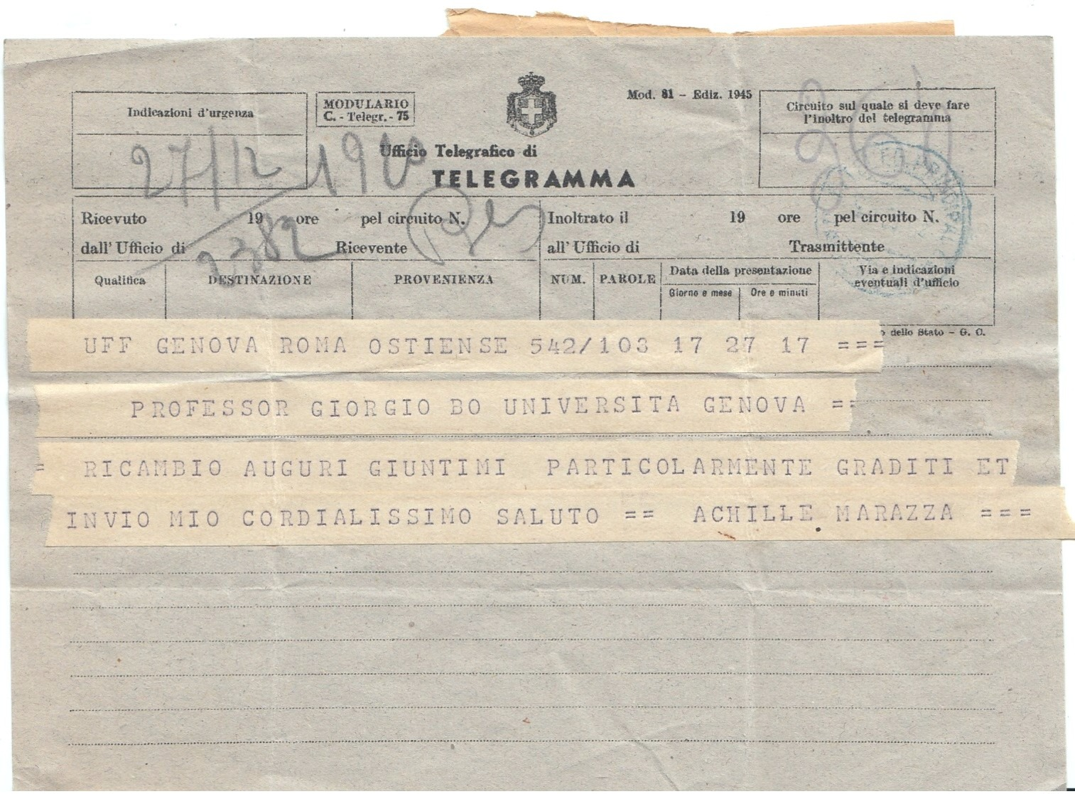 Telegramma Marazza Achille 1945 Politico - Historical Documents