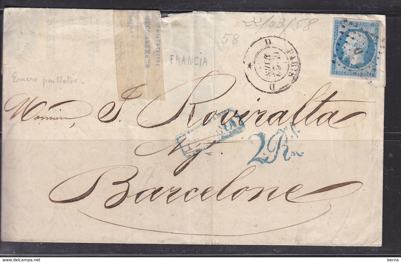 FRANCE 14 OBL PARIS POUR BARCELONE TAXE 2 REALES LETTRE ETAT MOYEN - Cartas & Documentos