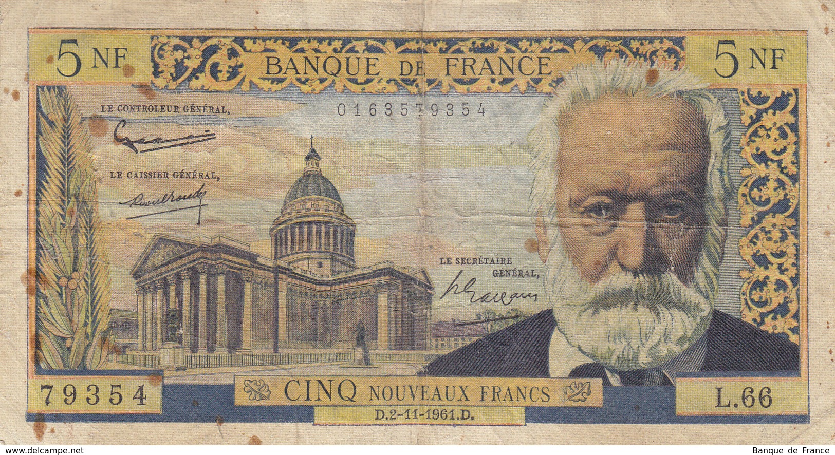 Billet 5 F Victor Hugo Du 2-11-1961 FAY 56.09 Alph. L.66 - 5 NF 1959-1965 ''Victor Hugo''