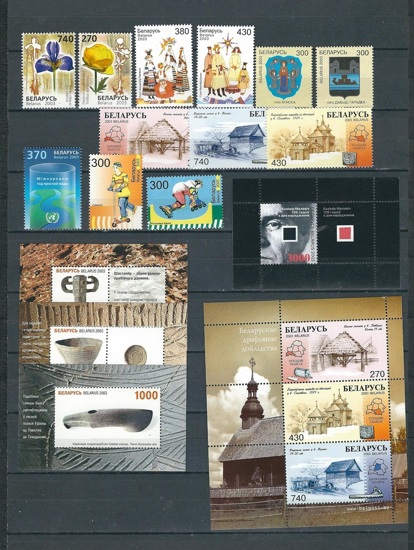 BIELORRUSIA/BELARUS, 2003 LOT OF STAMPS, COMPLETE SERIES, MNH (12 Stamps + S/S + 3 M/S) - Bielorrusia