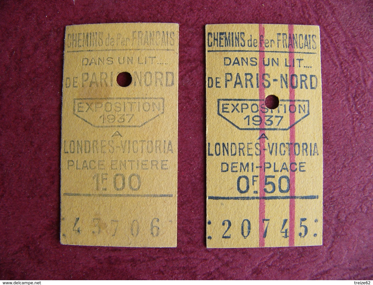 Lot 2 Tickets Chemin De Fer Dans Un Lit De Paris Nord à Londres Victoria Exposition 1937 Place Entière Et Demi Place - Europe