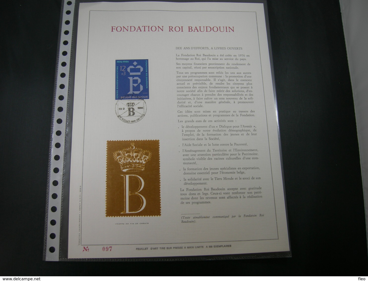 BELG.1986 2204 FDC Filatelic Gold Card FR. : " FONDATION ROI BAUDOUIN " - 1981-1990