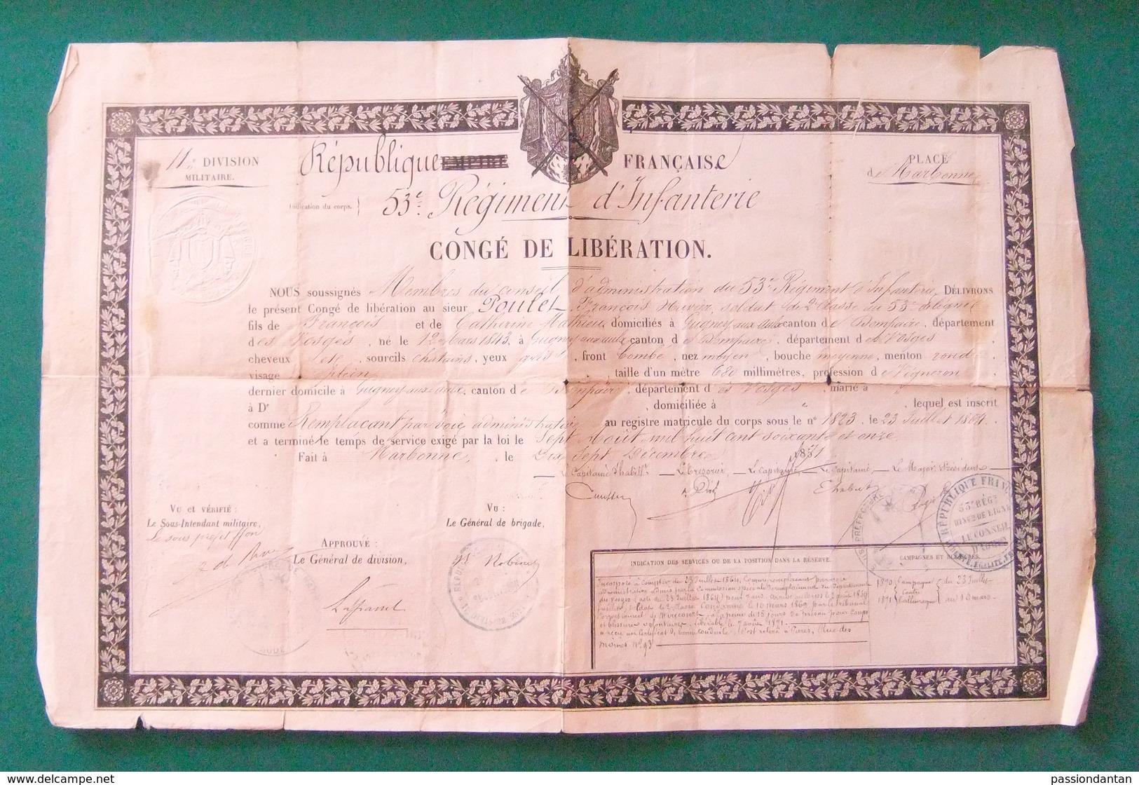 Congé De Libération Daté De 1871- Aude - Narbonne - 53ème R.I. - Protagoniste Dénommé Poulet De Gugney Aux Aulx - Documents