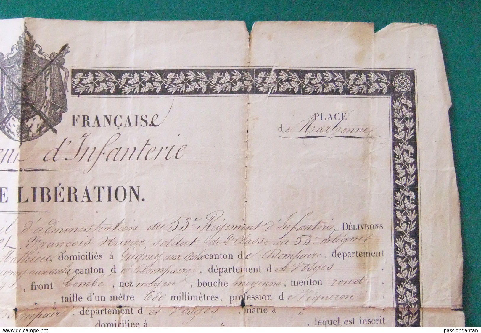 Congé De Libération Daté De 1871- Aude - Narbonne - 53ème R.I. - Protagoniste Dénommé Poulet De Gugney Aux Aulx - Documents