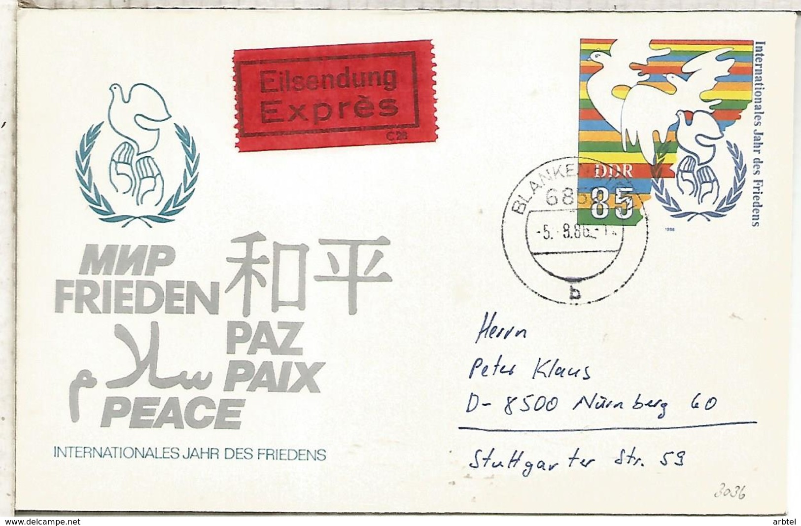 ALEMANIA DDR ENTERO POSTAL PAZ PEACE PAIX URGENTE EXPRESS - Briefomslagen - Gebruikt