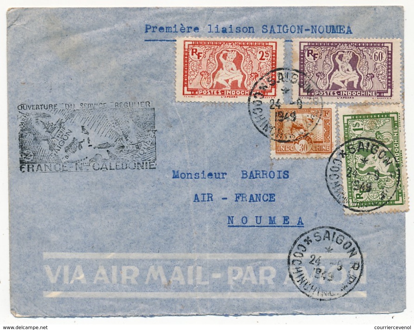 INDOCHINE - Enveloppe Depuis Saïgon 1949 Cachet "Ouverture Du Service Régulier France Nouvelle Calédonie" - Lettres & Documents