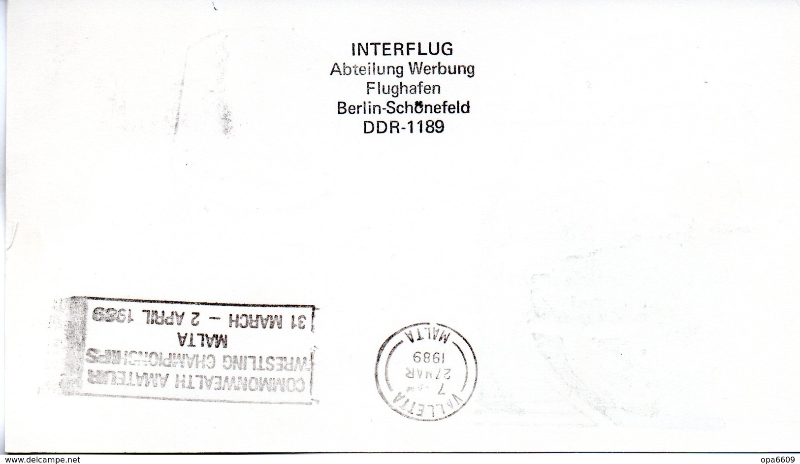 (DDR-SB) DDR Sonderkarte "INTERFLUG Erstflug IL62 Berlin-Malta-Berlin" EF Mi 3163, SSt.26.3.89 BERLIN 7 - Briefe U. Dokumente