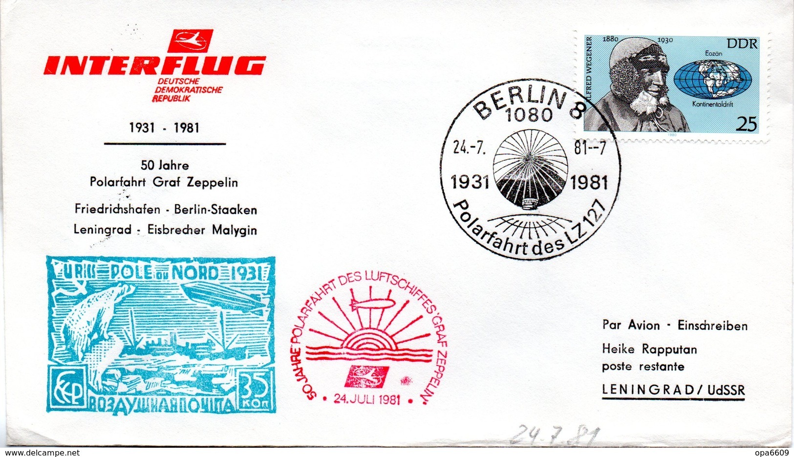 (DDR-B1) DDR Sonderumschlag "INTERFLUG 50 Jahre Polarfahrt Graf Zeppelin" EF Mi 2495 SSt.24.7.81 BERLIN 8 - Briefe U. Dokumente