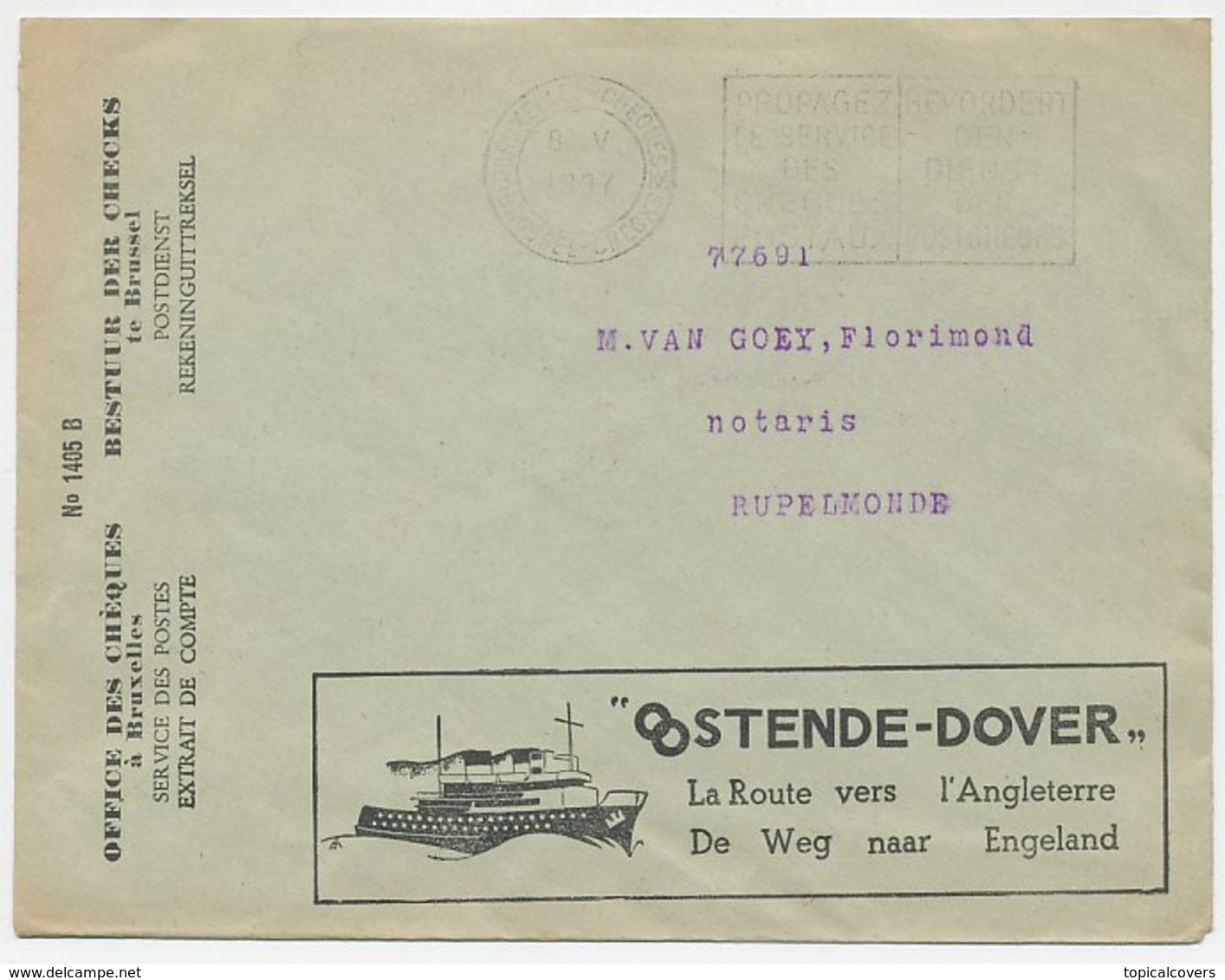 Postal Cheque Cover Belgium 1937 Pills - Vichy - Liver - Labor - Ferry Boat - Oostende - Dover - Pharmacy