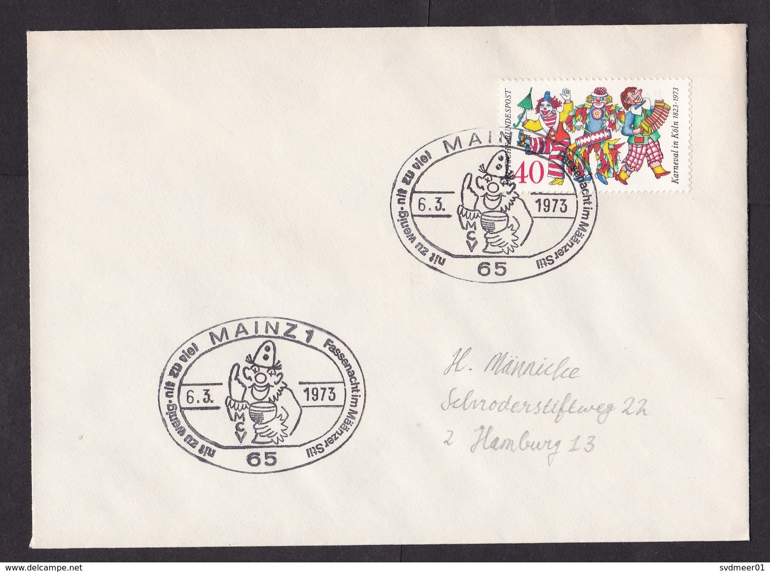 Germany: Cover, 1973, 1 Stamp, Special Cancel, Carnival, Clown, Musician, Music, Costumes (minor Discolouring) - Brieven En Documenten