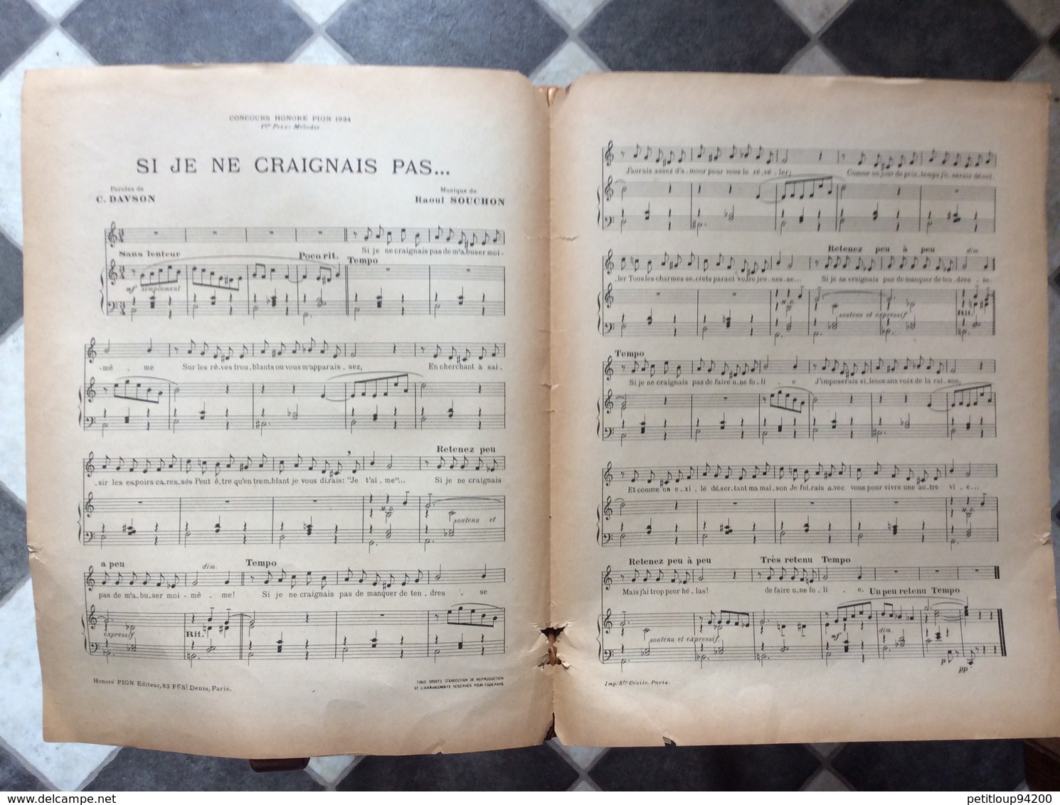 SI JE NE CRAIGNAIS PAS ... *Ch Davson *Raoul Souchon  ANNÉE 1934  @ GRAND FORMAT - Scores & Partitions