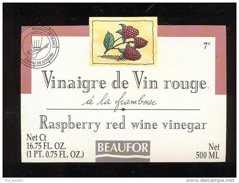 Etiquette  De Vinaigre De Vin Rouge à La Framboise  -  Beaufor   France - Autres & Non Classés