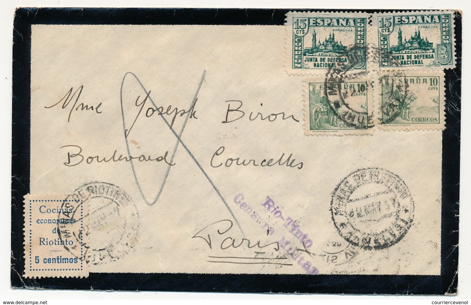 ESPAGNE - Enveloppe Recommandée 1937 Depuis RIO-TINTO - Vignettes Et Censures - Lettres & Documents