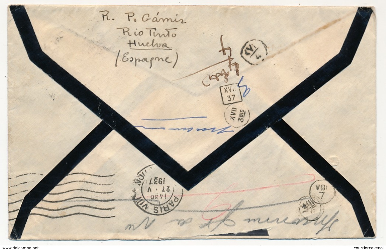 ESPAGNE - Enveloppe Recommandée 1937 Depuis RIO-TINTO - Vignettes Et Censures - Lettres & Documents