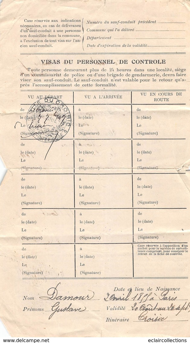 Vieux Papiers    . Sauf Conduit .    Montgeron 91  . Août  1917  (voir Scan) - Otros & Sin Clasificación