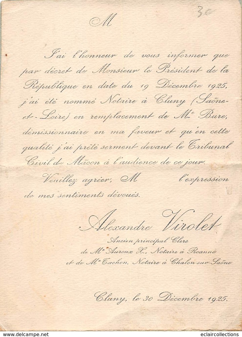 Vieux Papiers    . Carte De Tir Sur Lettre De Nomination De  Notaire    Cluny  71     17x12.5 Cm      (voir Scan) - Autres & Non Classés