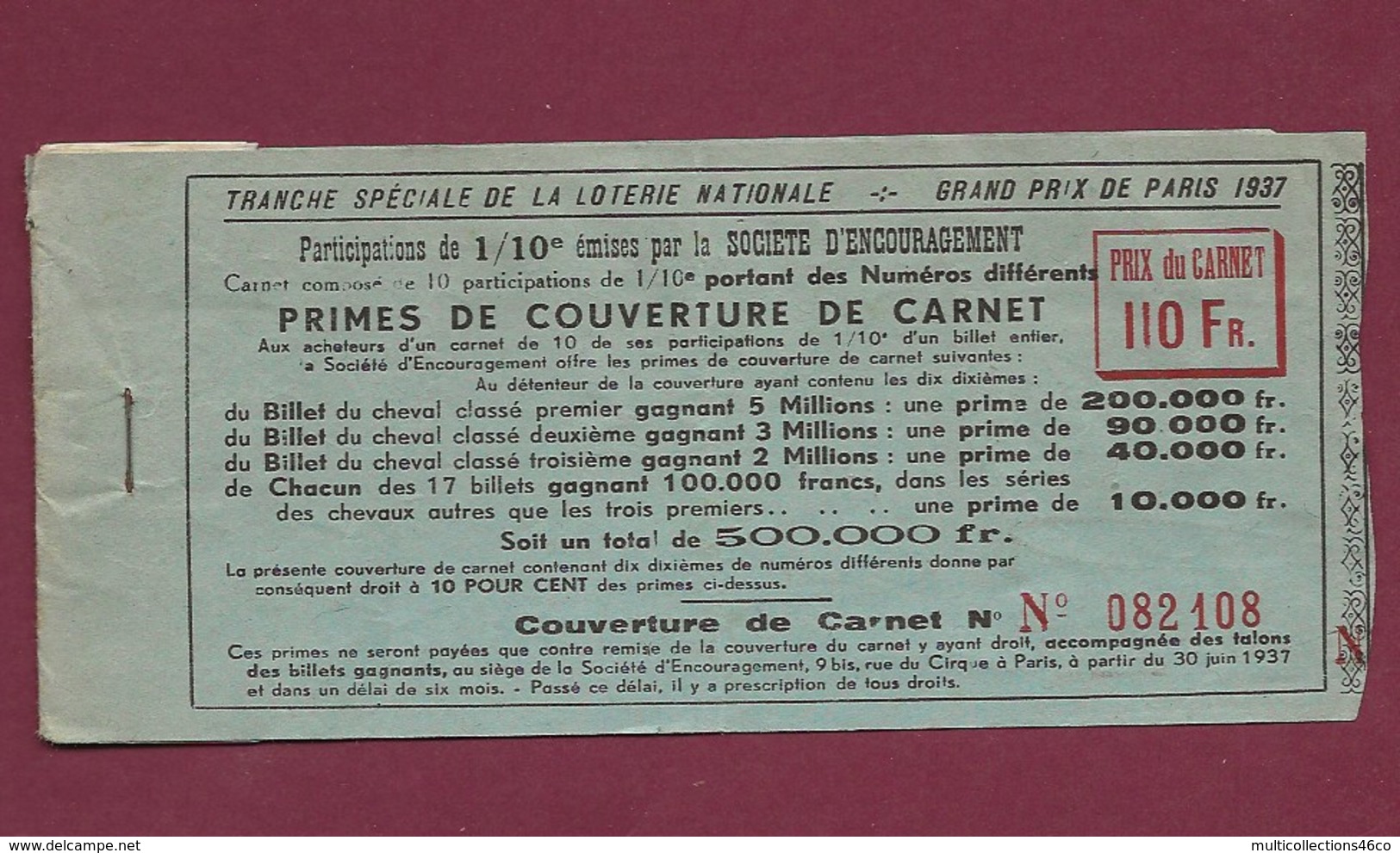 270719B - 1937 CARNET Avec Souches Loterie Grand Prix De Paris Tampon Courses De Moulins Hippisme Hippodrome Cheval - Billetes De Lotería