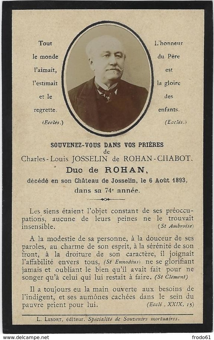 ADEL NOBLESSE, SOUVENIR MORTUAIRE CHARLES LOUIS JOSSELIN DE ROHAN CHABOT, DU DE ROHAN, 1819-1893, HERTOG - Devotion Images