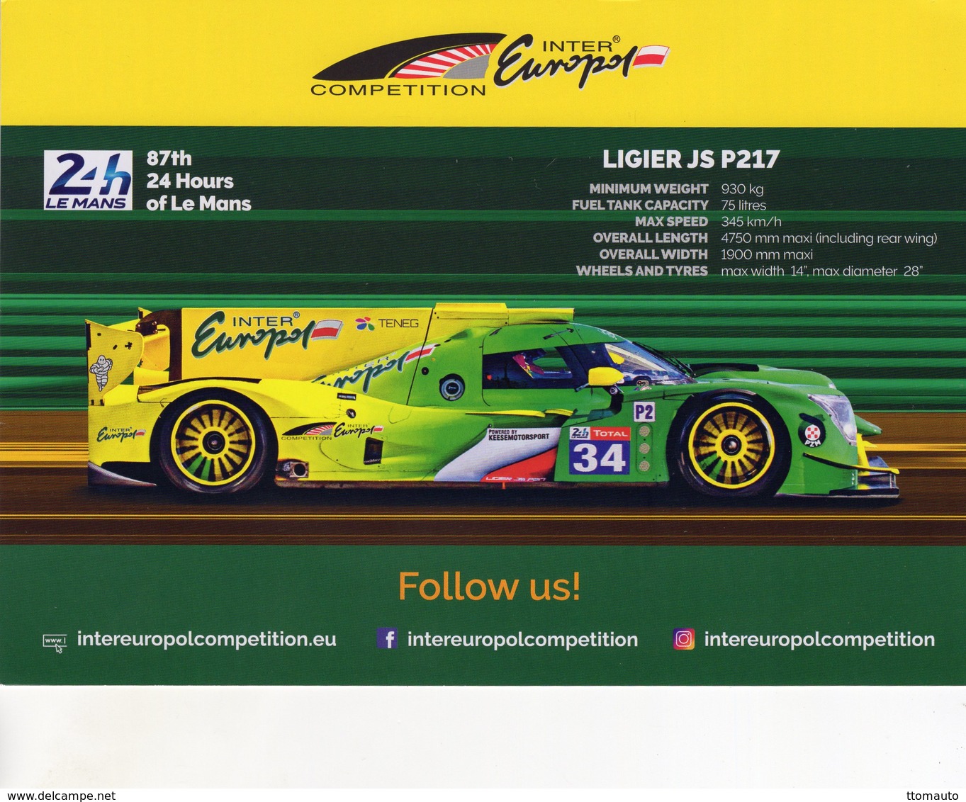 24 Heures Du Mans 2019 - Ligier JS P217 - Equipe InterEuropol - Winslow-Smiechowski-Moore - Carte Promo - Le Mans