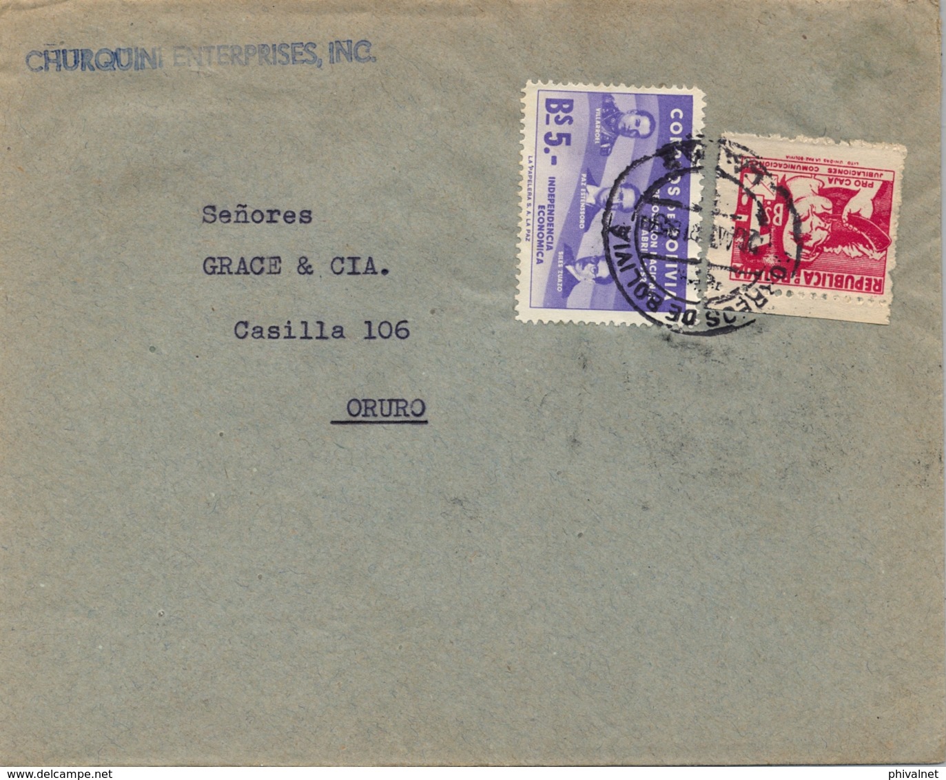 1954 BOLIVIA , SOBRE CIRCULADO , LA PAZ - ORURO , LLEGADA AL DORSO. BENEFICENCIA YV. 20 + ANIVERSARIO REVOLUCIÓN YV. 348 - Bolivie