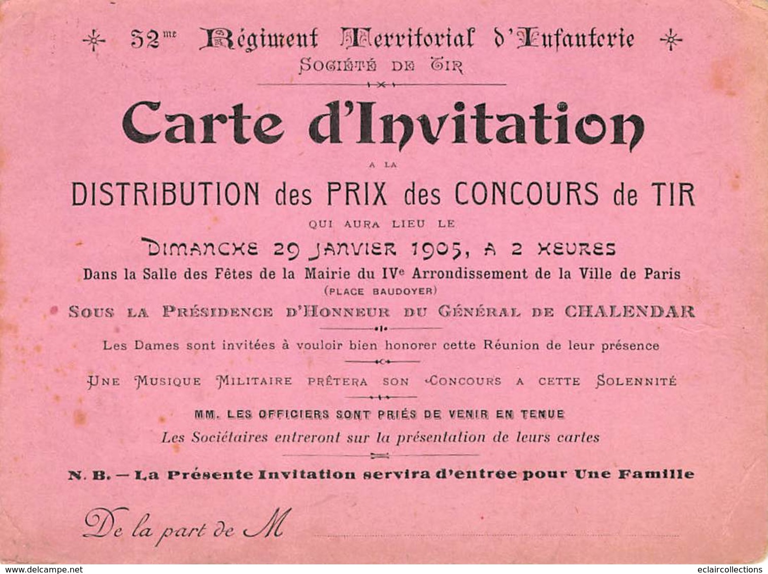 Vieux Papiers   Carte D'invitation 52 Eme Régiment. Prix Des Concours De Tir  75004 Paris  4me   13.5x10 Cm (voir Scan) - Tickets - Vouchers