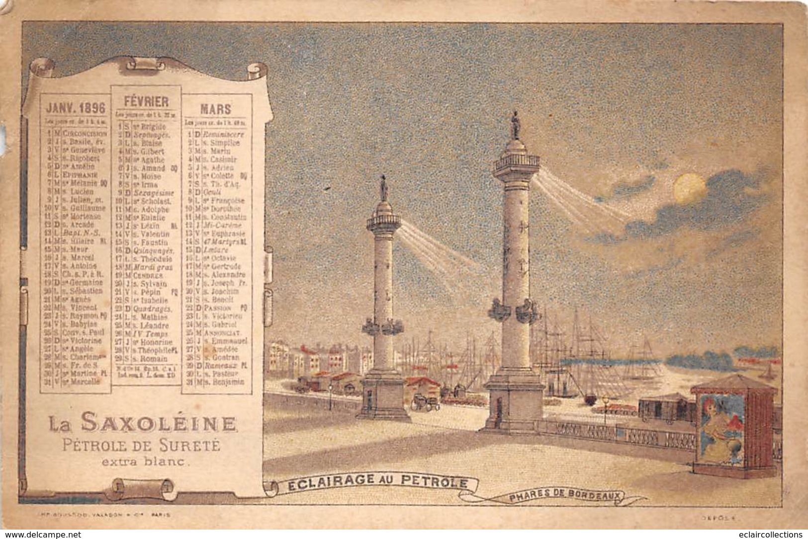 Vieux Papiers    Saxoléine   Calendrier 1 Er Trim 1896. Bordeaux    14.5x11 Cm (voir Scan) - Autres & Non Classés