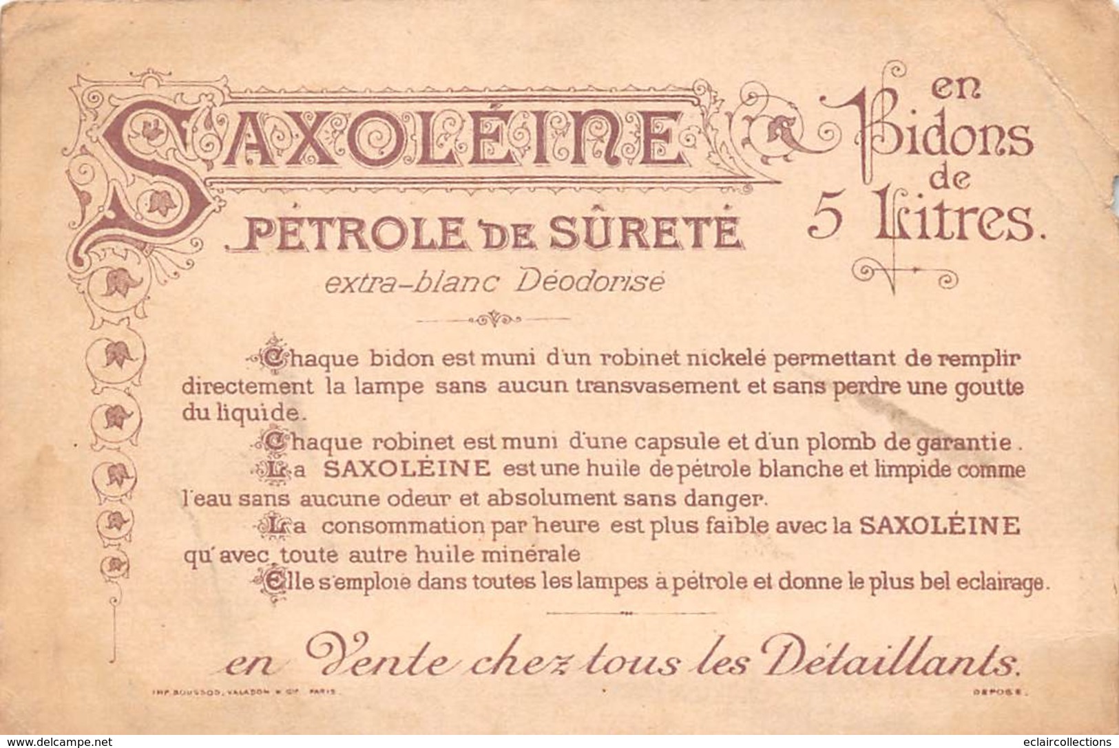 Vieux Papiers    Saxoléine   Calendrier 1 Er Trim 1896. Bordeaux    14.5x11 Cm (voir Scan) - Autres & Non Classés