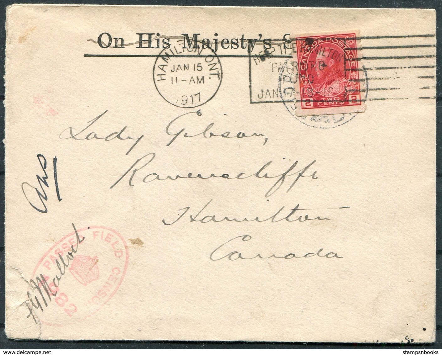 1917 Field Post Censor Covers (2) (France?) - Lady Gibson, Ravenscliffe, Hamilton Ontario. Maj. Gen. Sir John M. Gibson - Covers & Documents