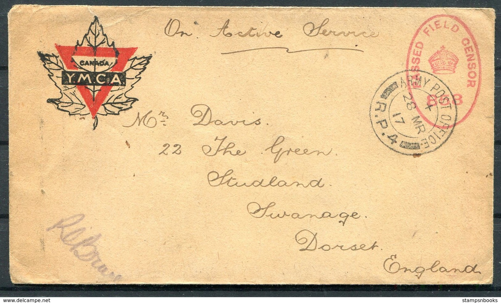 1917 Canada R.P.4 (very Early Usage) Army Post Office O.A.S. Field Post Censor Y.M.C.A. Cover + Letter - Swanage Dorset - Covers & Documents