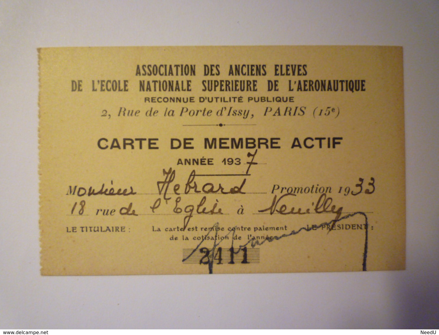 GP 2019 - 1878  Association Des Anciens élèves De L'E.N.S. De L'Aéronautique (Carte De Membre Actif 1937)   XXX - Ohne Zuordnung