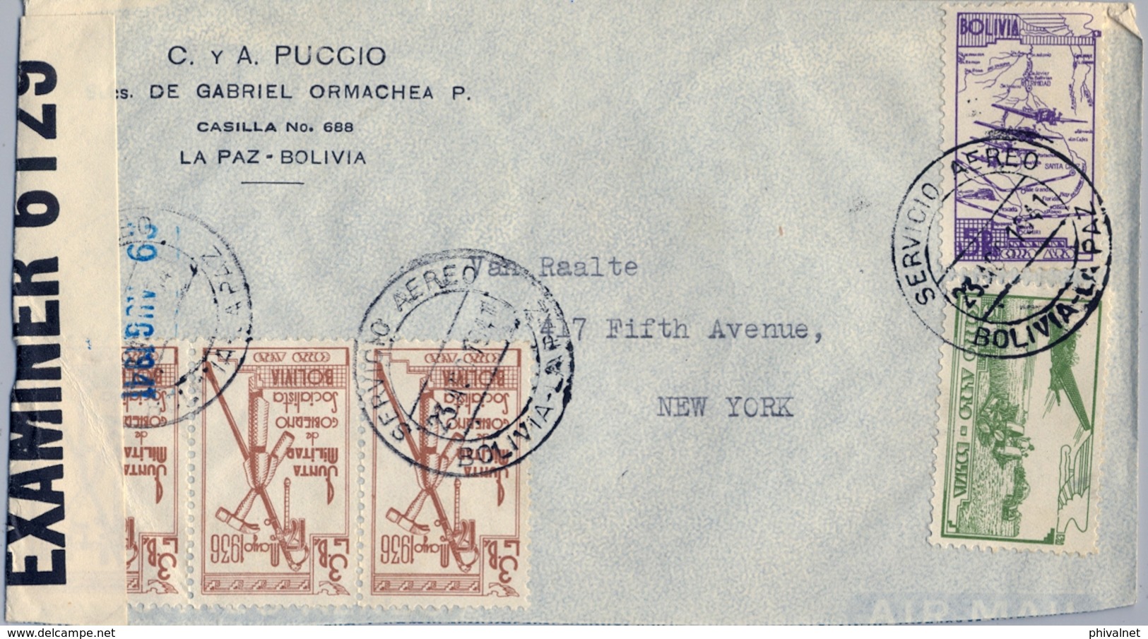 1941 BOLIVIA , SOBRE CIRCULADO , LA PAZ - NUEVA YORK , SERVICIO AÉREO , BANDA DE CENSURA , YV. 43 , 48 , 47 X 3 - Bolivia