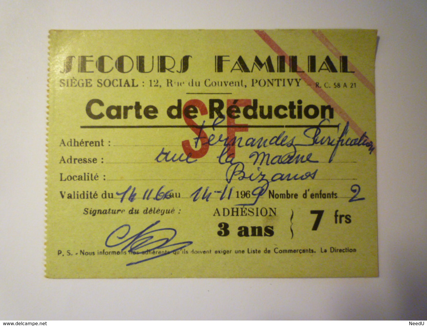 GP 2019 - 1885  SECOURS  FAMILIAL  :  Carte De Réduction  BIZANOS  1969   XXX - Ohne Zuordnung