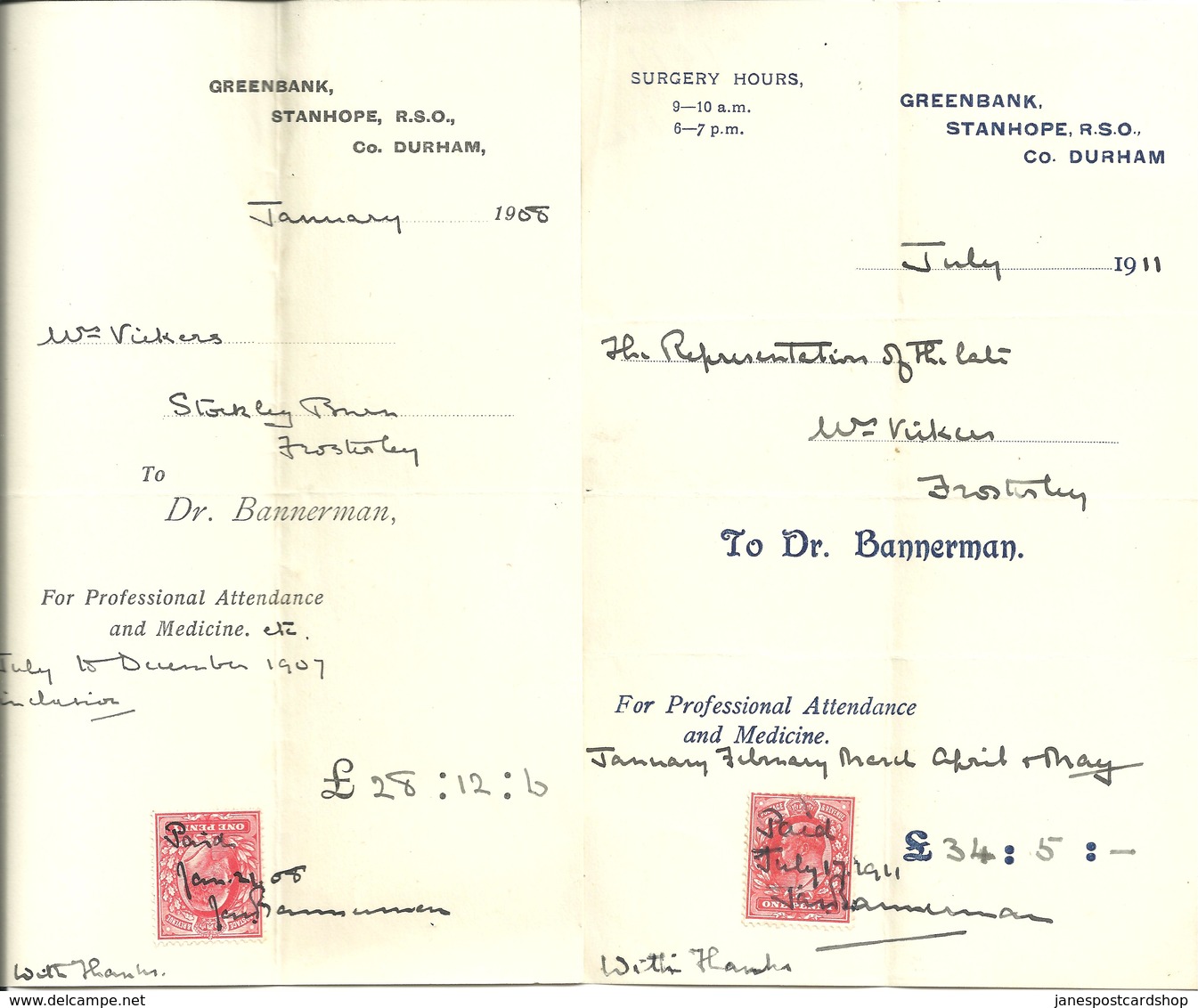 TWO STANHOPE R.S.O. (RAILWAY) CO. DURHAM - DOCTORS INVOICES 1908 & 1911 - United Kingdom