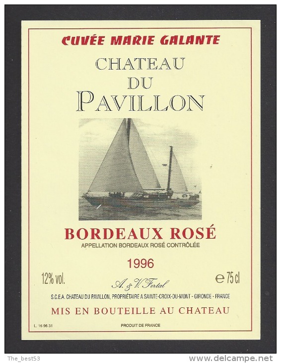 Etiquette De Bordeaux Rosé 1996 -  Chateau Du Pavillon -  Cuvée Marie Galante  -  Thème Bateau Voilier - Segelboote & -schiffe