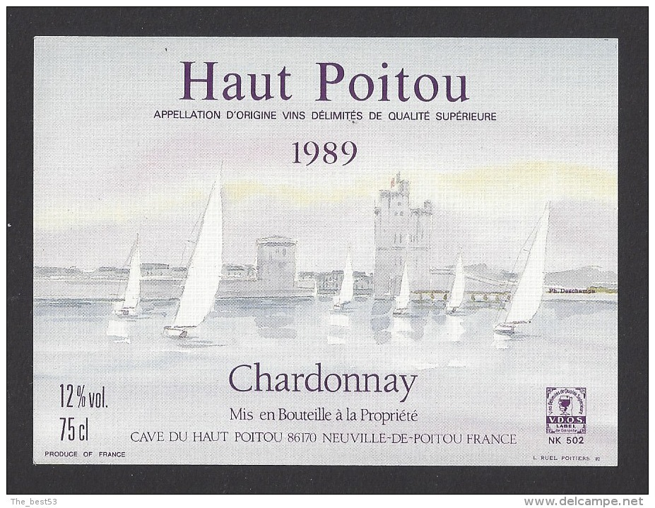 Etiquette De Vin Haut Poitou 1989  -  Chardonnay  -  Thème Voiliers à La Rochelle - Bateaux à Voile & Voiliers