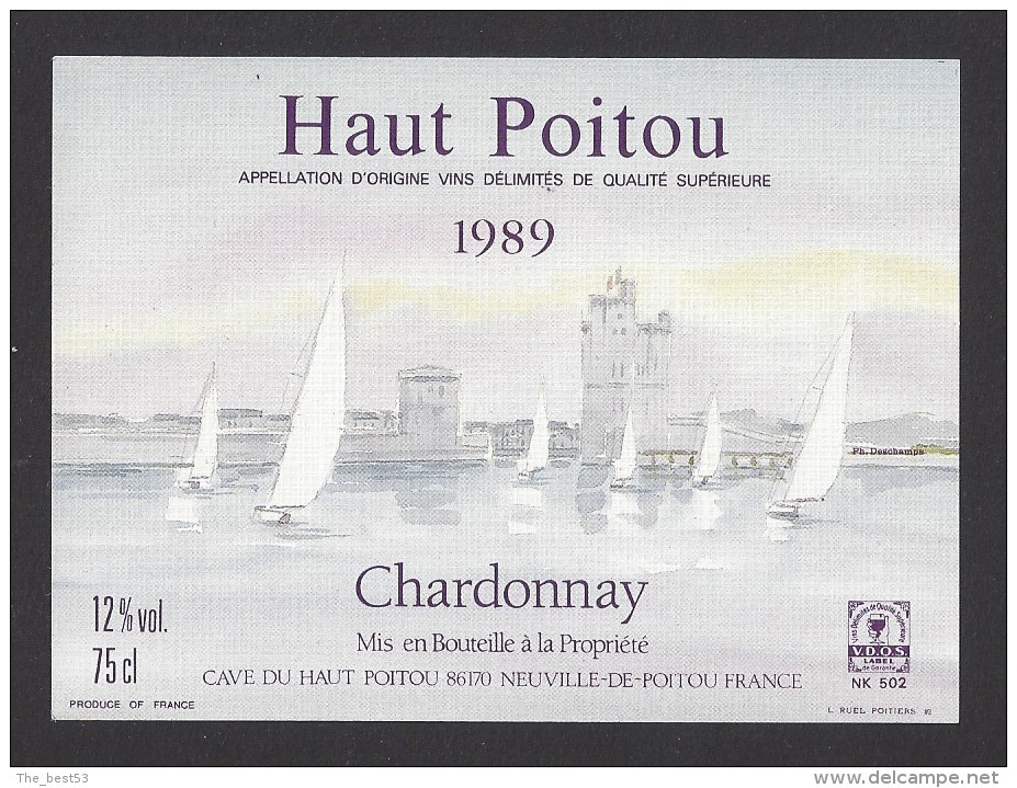 Etiquette De Vin Haut Poitou 1989  -  Chardonnay  -  Thème Voiliers à La Rochelle - Sailboats & Sailing Vessels