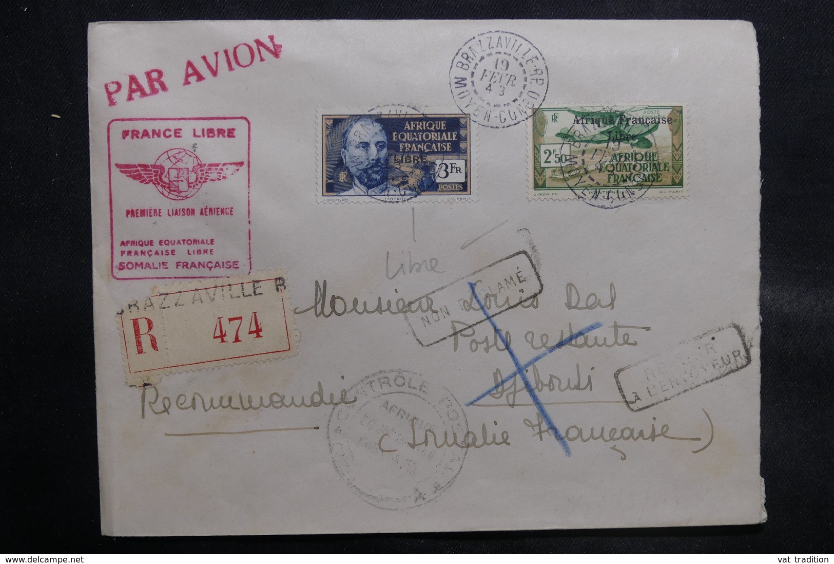 A.E.F. - Enveloppe 1er Vol France Libre  A.E.F./ Somalie En 1943 En Recommandé, Affranchissement Plaisant - L 36517 - Cartas & Documentos