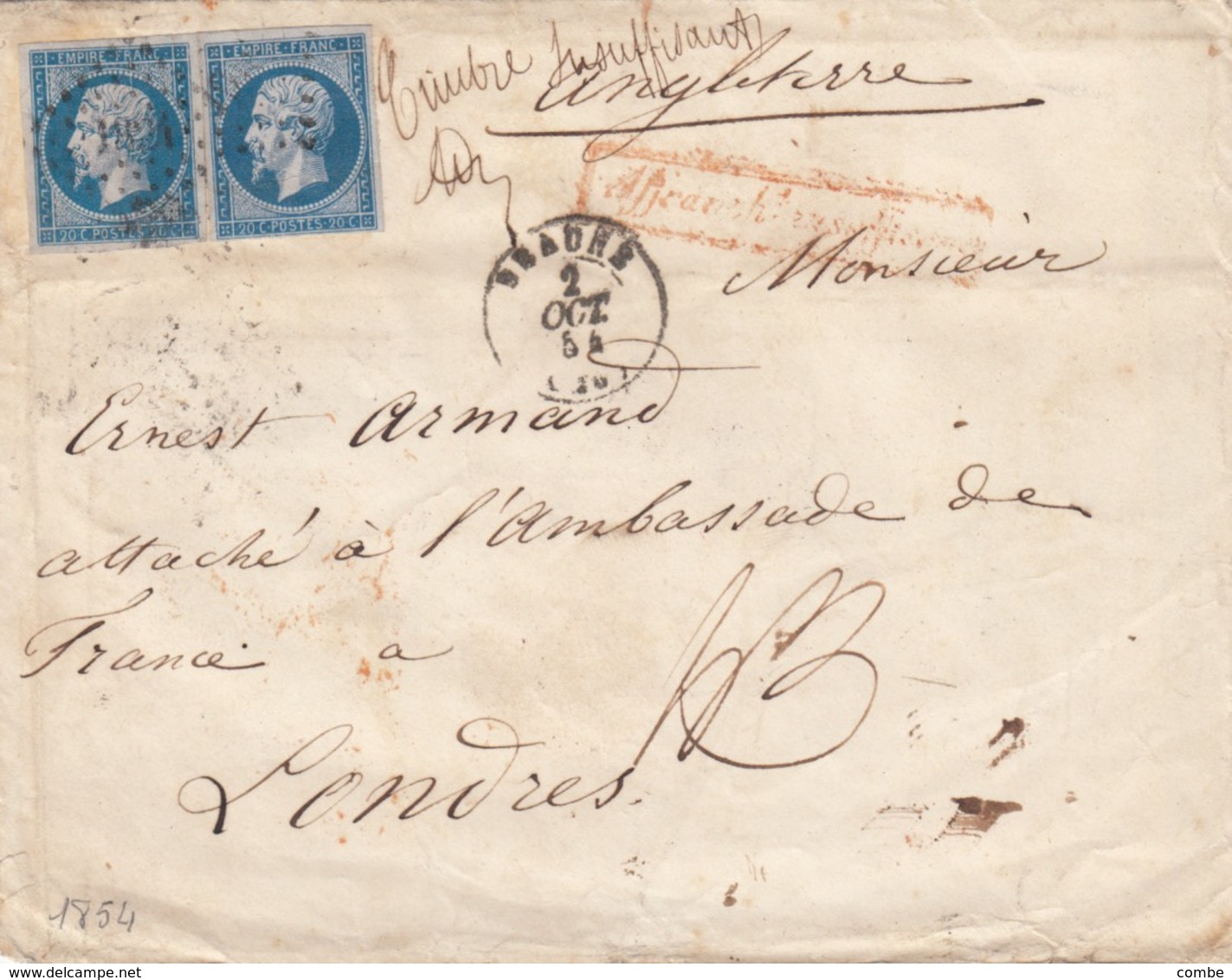 LETTRE. 1854. N° 14 BLEU LAITEUX. 40c.  INSUFFISANT POUR LONDRES. ATTACHE A L'AMBASSADE.  CACHET CIRE COURONNE - 1849-1876: Période Classique