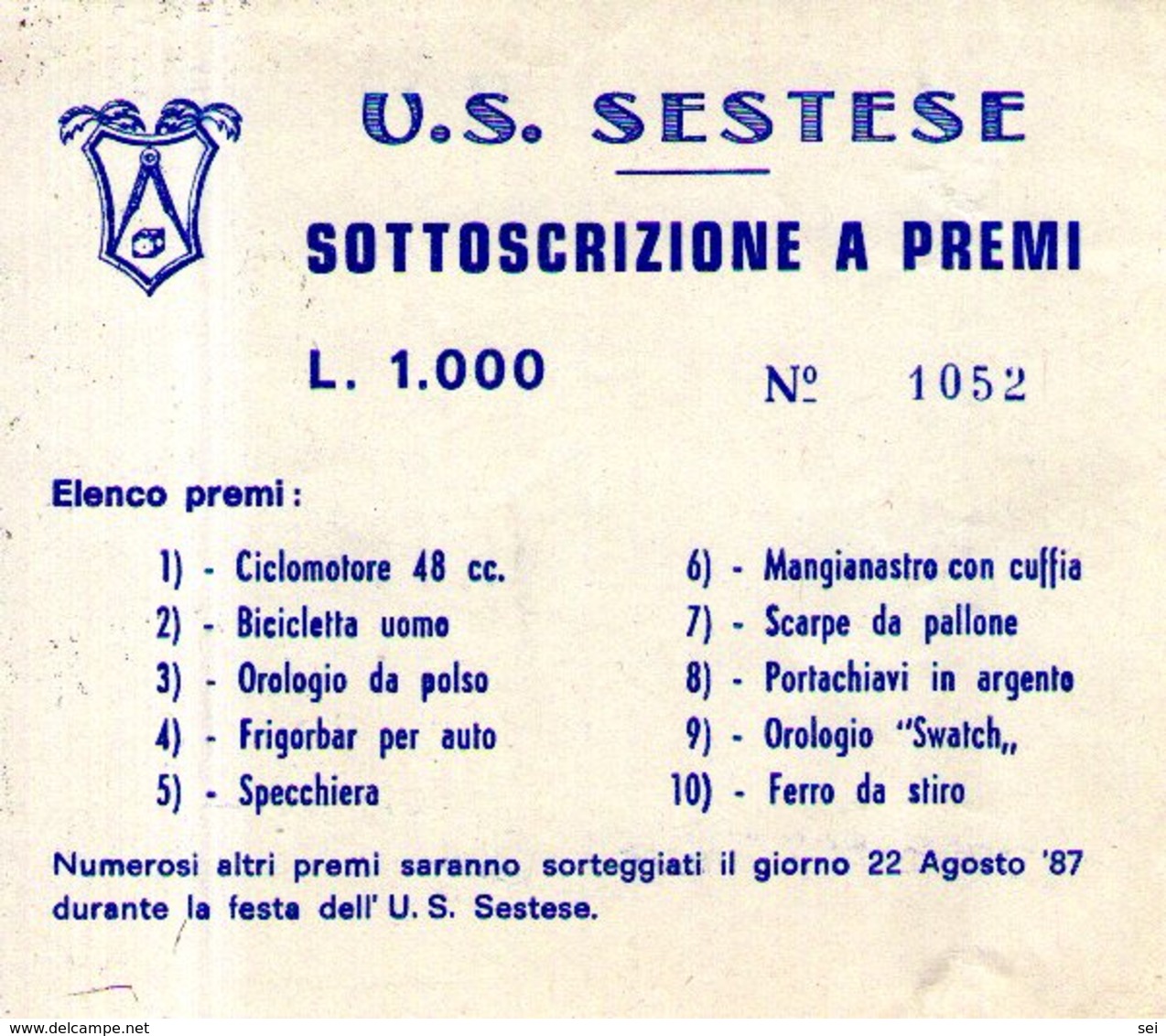 B 2587 - Unione Sportiva Sestese Calcio Sesto Calende - Biglietti Della Lotteria