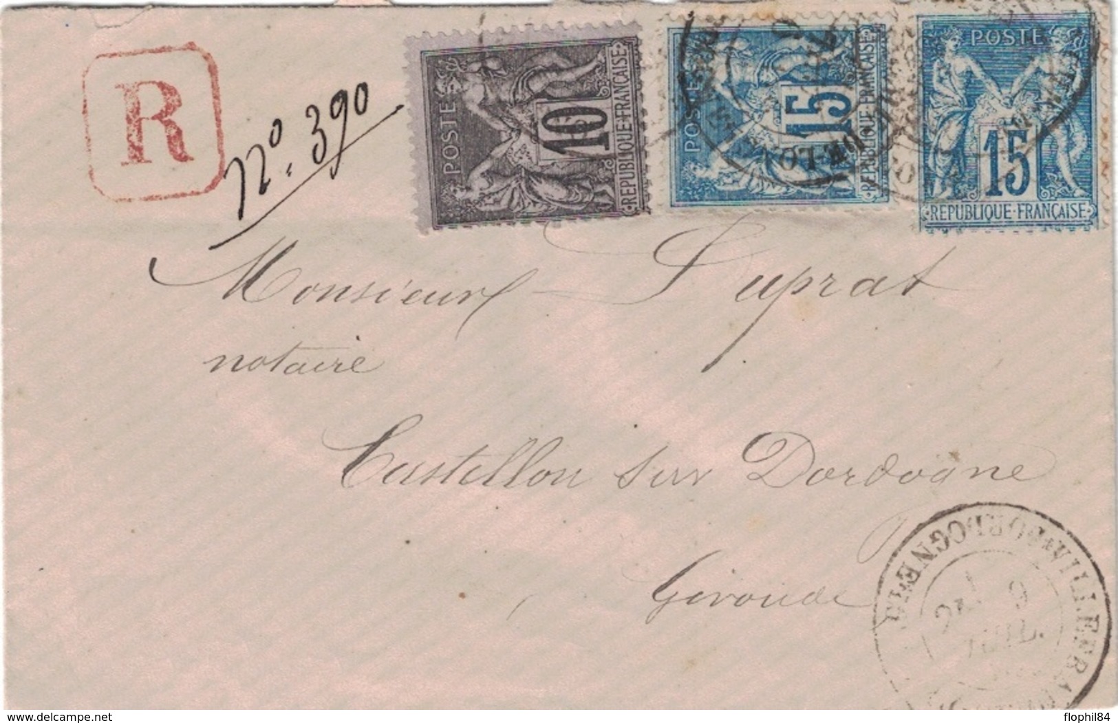 DORDOGNE - VILLEFRANCHE DU PERIGORD - SAGE - LETTRE RECOMMANDEE - 9 JUILLET 1881 - VERSO CASTILLON S DORDOGNE GIRONDE - 1877-1920: Periodo Semi Moderno