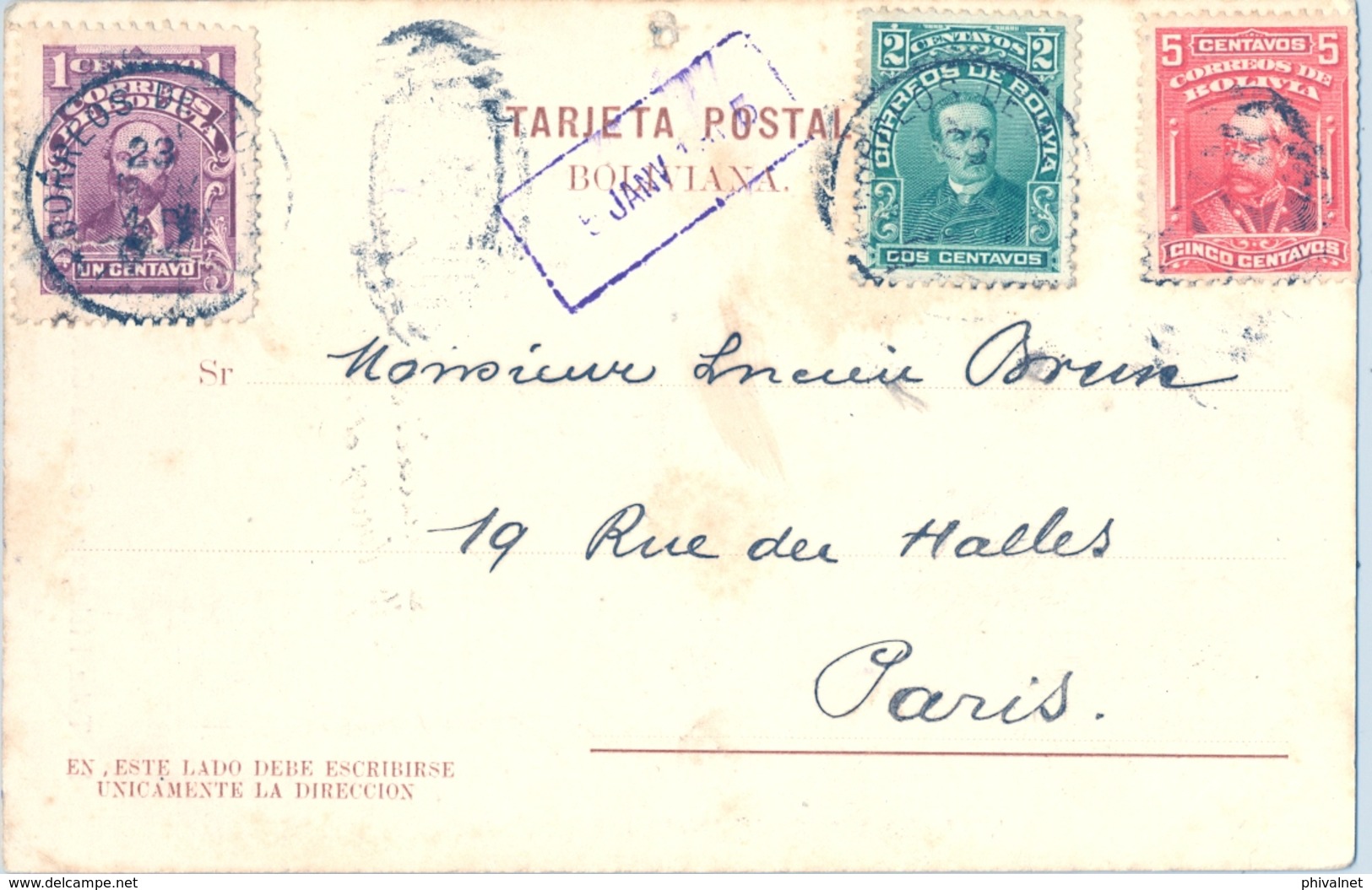 1905  BOLIVIA , TARJETA POSTAL CIRCULADA , LA PAZ - PARIS , YV. 67,68,69 - LA TOBA PICHIGAY , COLONIA CREVAU - Bolivien