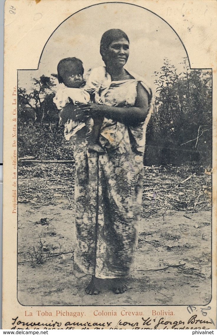 1905  BOLIVIA , TARJETA POSTAL CIRCULADA , LA PAZ - PARIS , YV. 67,68,69 - LA TOBA PICHIGAY , COLONIA CREVAU - Bolivie