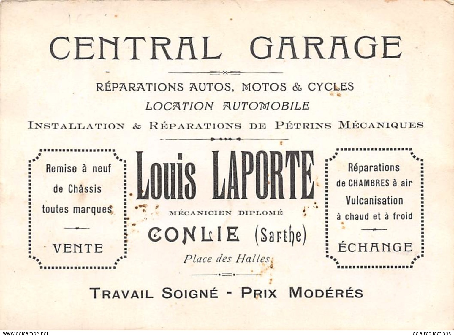 Vieux Papiers     Central  Garage  Louis Laporte A Conlie 72   13.5 X 10 Cm (voir Scan) - Reclame