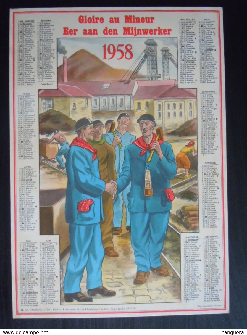 Belgie Belgique Kalender Calendrier 1958 Eer Aan De Mijnwerkers Mineurs 22,5 X 32,5 Cm Mijnen Mines - Grand Format : 1941-60