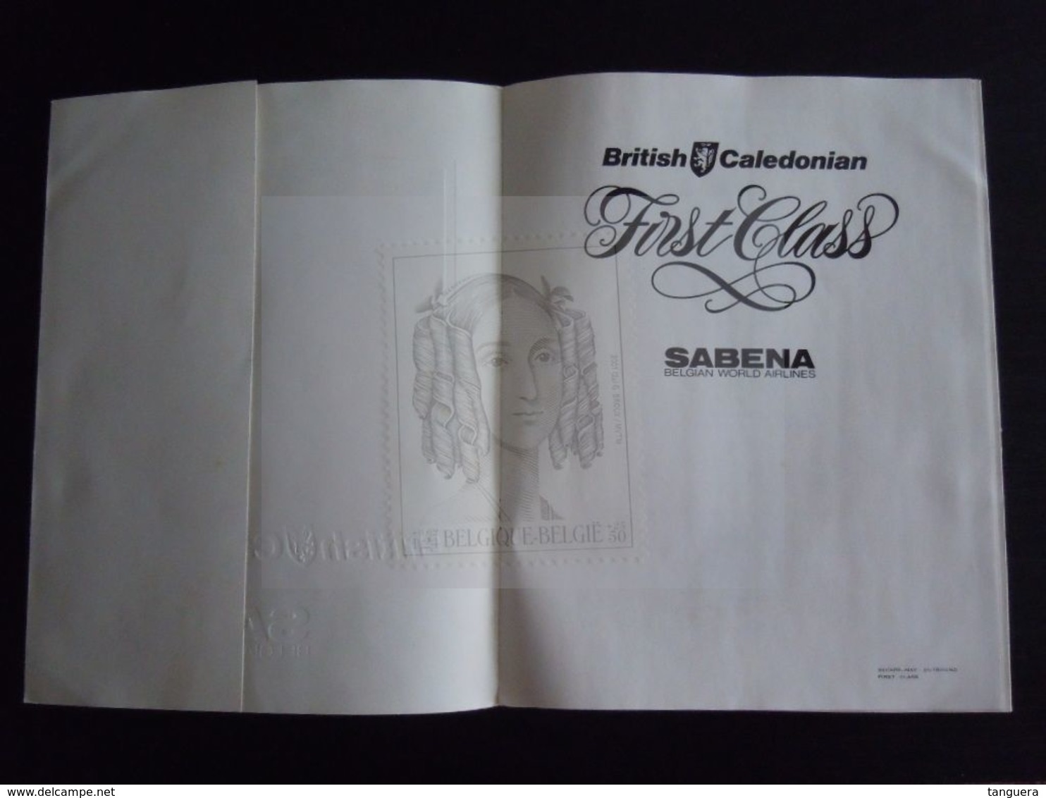 Menu British Caledonian Sabena Outbound First Class Brussels - London Gatwick - Atlanta Shipping On The Mississippi - Menu