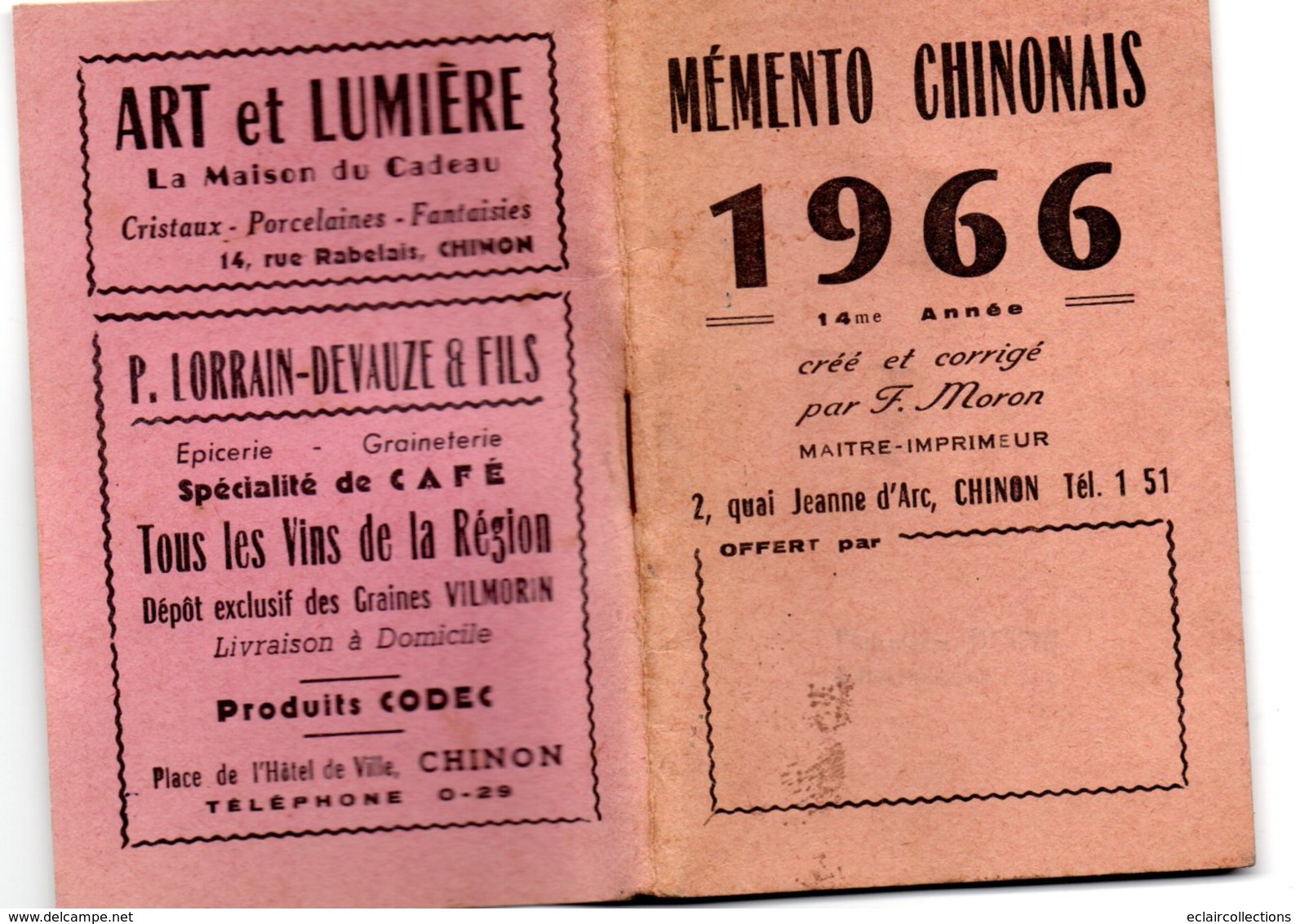 Vieux Papiers     Chinon  37  Mémento Chinonais 1966.  88 Pages  12x8 Cm    (voir Scan) - Publicités