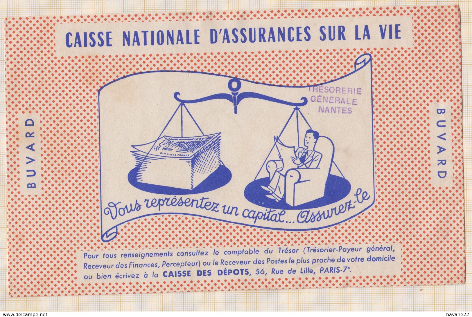 9/62  BUVARD CAISSE NATIONALE D'ASSURANCES SUR LA VIE  TRESORERIE NANTES - Banque & Assurance