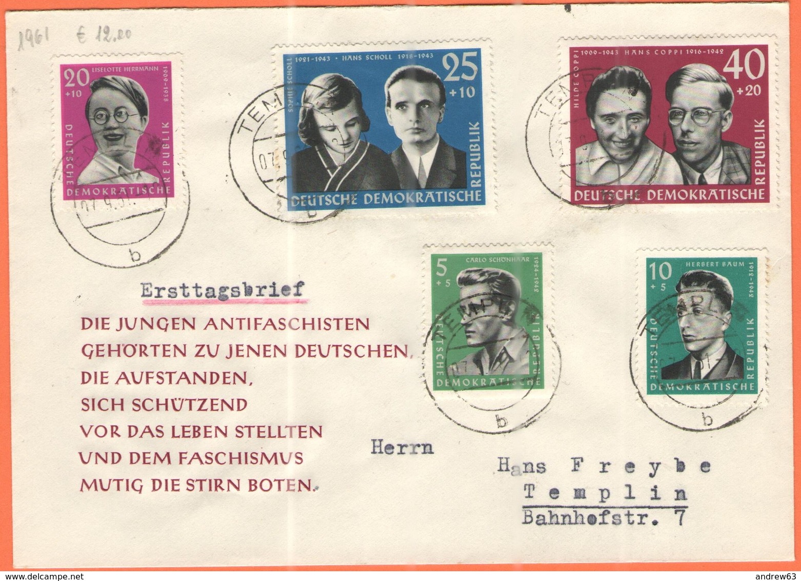 GERMANIA - GERMANY - Deutschland - ALLEMAGNE - DDR - 1961 - Antifaschisten - FDC - Viaggiata Da Templin Per Templin - Other & Unclassified