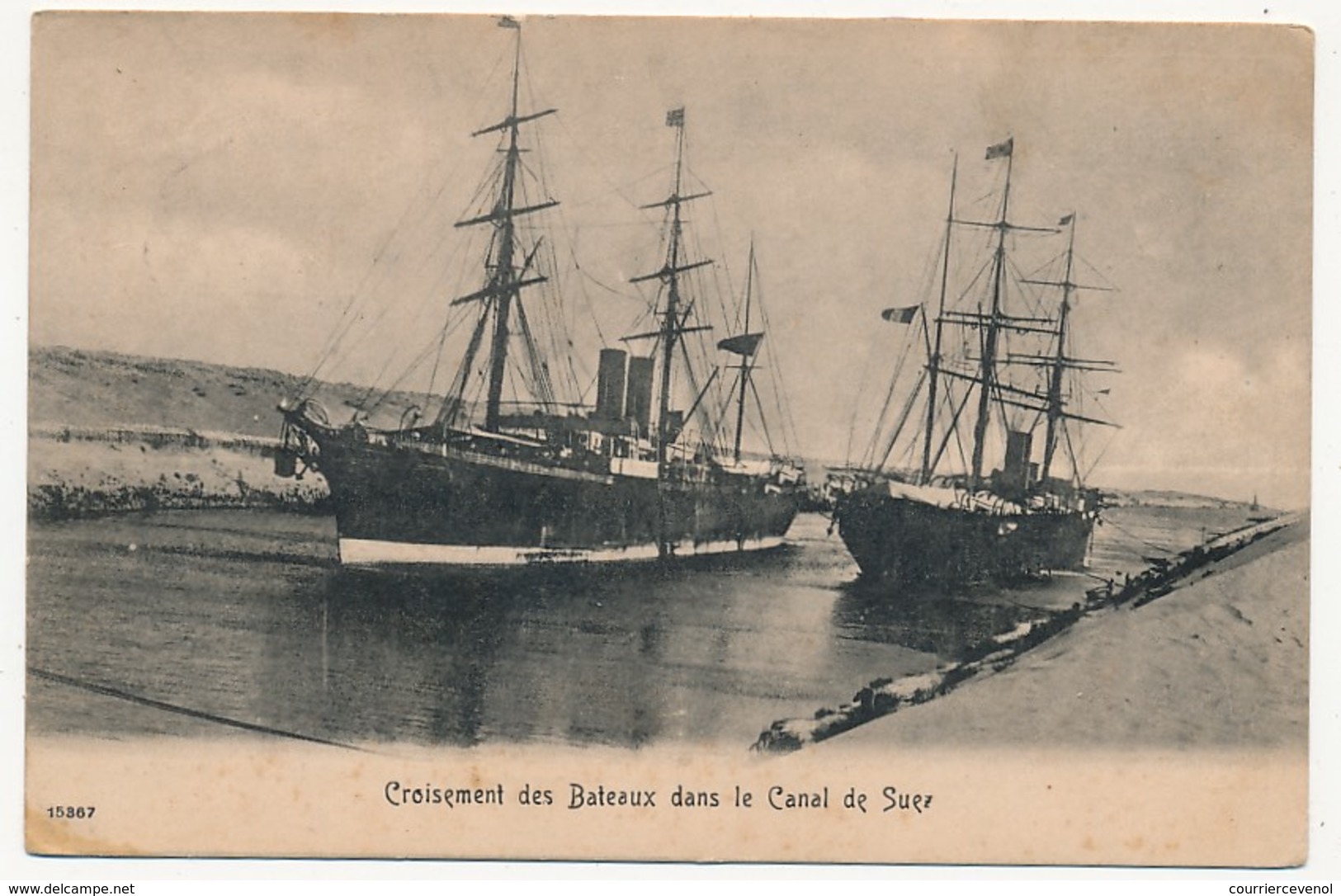 Cachet Octogonal "Ligne N Paq.fr.n°4" Du 5 Nov 1906 Sur Semeuse10c Lignée - CPA Croisement Bateaux Dans Le Canal De Suez - Poste Maritime
