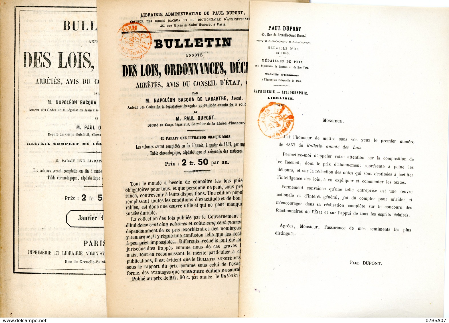 BULLETIN ANNOTE DES LOIS ORDONNANCES DECRETS EXPEDIE PARIS IMPRIMES PP 1857 - 1849-1876: Période Classique